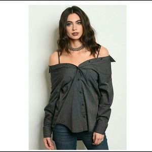 Black/white striped off the shoulder shirt